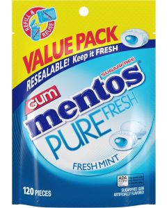 Mentos Pure Fresh Sugar-Free Chewing Gum with Xylitol, Fresh Mint - 120 Pieces Resealable Bag