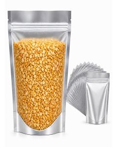 L&E Reusable Food Storage Standup Pouches - Transparent Front, Silver Back with Self-Sealing Zipper / LDPE Zip Lock Bags for Food Packing & Storage (25, 5 X 8 Inches (Capacity 250 Grams))
