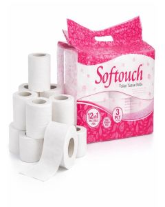 Softouch Toilet Tissue Roll 3 Ply Toilet Paper Family Pack 12 Rolls, Made with High GSM Paper Super Absorbent / Soft on Skin / 100% Virgin Paper / Ideal for Home & Office, Hotels Use