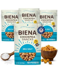 BIENA Chickpea Snacks Crunchy Roasted Chickpeas High Fiber Vegan Protein Snacks for Adults and Kids 4Pack 5 Ounce Bags Sea Salt