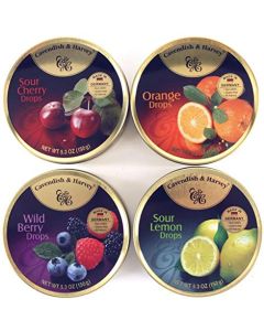 Cavendish Harvey Variety Flavor Hard Candy Drops Orange Wild Berry Sour Lemon Sour Cherry 53 Ounce Tins 4 Pack
