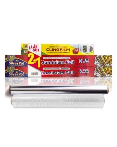 Heavy Duty Aluminium Foil Promo Pack – 2 Rolls (45 cm x 3.75 m Each) Plus 1 Free Cling Film – Durable and Multi-Purpose for Cooking, Baking, Wrapping, and Storing Food