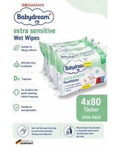 German Brand Wipes , Baby Wipes, Babydream Extra Sensitive Wet Wipes Quattro-Pack, 320 Pieces (4x80) – For Sensitive Skin, Gentle Cleaning, Fragrance-Free, with Aloe Vera & Allantoin.