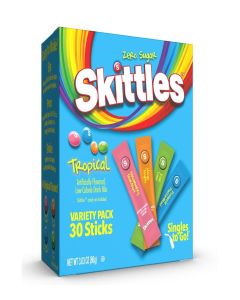 SINGLES TO GO! Skittles Go Tropical Flavors Variety Pack, Powdered Drink Mix, Includes 4 Flavors, Strawberry Starfruit, Mango Tangelo, Kiwi Lime, Pineapple Passionfruit, 1 Box (30 Single Servings)