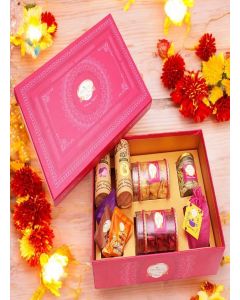 Ghasitaram Gifts Jaiccha Holi- Sweet/Holi Hampers/Thandai Big Pink Hamper Box of Namkeens, Sweets/Bites, Dryfruits, Thandai and Organic Gulal