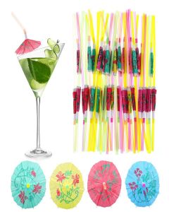 500 Pcs Umbrella Parasol Drinking Straws, Luau Party Decorations Umbrella Cocktail Straw Disposable Straws Drinking Plastic for Summer Beach Hawaiian Luau Party Decorations