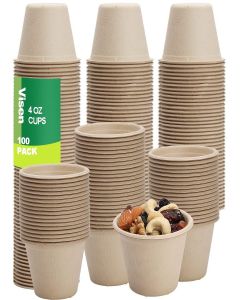 Visen 100 Pack Compostable Portion Cups,Disposable Paper Cups for Condiment,4 oz Food Sample Cups,100% Biodegradable Souffle Cups,Disposable Cups for Jello Shot & Samples Honey Nuts (Natural)