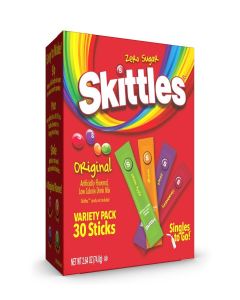SINGLES TO GO! Skittles Go Variety Pack, Powdered Drink Mix, Zero Sugar, Low Calorie, Includes 4 Flavors: Green Apple, Strawberry, Grape, Orange, 1 Box (30 Servings)