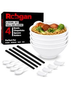 ROHGAN 32oz Ramen Bowl Set for 420Piece White Melamine Japanese Noodle Bowls with ChopsticksSpoons Holders Unbreakable BPAFree DishwasherSafe Pho Bowl Set for RamenUdonPho Asian Soups