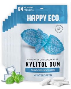 HAPPY ECO Sugar Free Natural Chewing Gum 6 Pack 84 Pieces Plastic Free Xylitol Gum with Stevia Aspartame Free Vegan Gluten Free Keto Wintergreen
