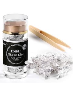 Cobakey Edible Silver Leaf 50mg Silver Flakes for Cake Decoration Cupcake Chocolate Steak Drink Cooking Edible PureSilver with Edible Glitter Wooden Tweezers