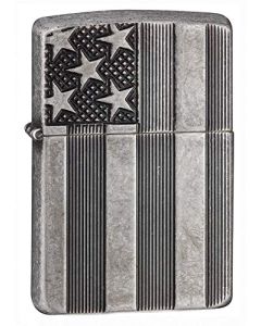 Zippo Armor American Flag Pocket Lighter Antique Silver Plate One Size