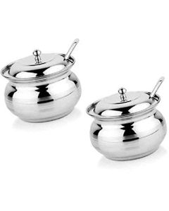 RJ kitchenware Store Stainless Steel Ghee Pot Set of 2 250 ml Stainless Steel Ghee Pot Set of 2 250 ml Stainless Steel GHEE Pot Pickle Pot with LID and Spoon Pack of 2