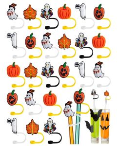 24 PCS Halloween Straw Toppers, Halloween Straw Cover Cap for Cup, 6 Style Halloween Style Cute Silicone Straw Drinking Tips Covers, Ghost Pumpkin Straw Accessories for Home Party Accessories