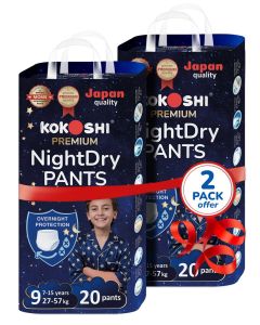 Premium NightDry Pants Size 9 (7–15 Years / 27–57 kg), 40 pcs – Ultra-Soft, Hypoallergenic, 12h Protection, Breathable, Leak-Proof Japanese Pull-Up Nappies