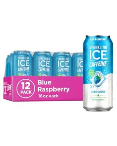 Sparkling Ice Caffeine Blue Raspberry Sparkling Water with Caffeine Zero Sugar with Antioxidants and Vitamins16 fl oz Cans Pack Of 12