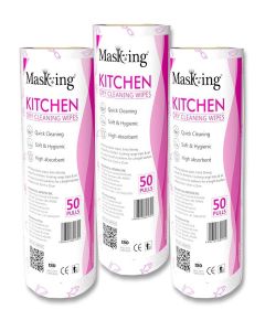 MASKING DRY KITCHEN ROLL - Dry Kitchen Tissue, Towel Paper Roll, Dry Cleaning Wipe -3 Rolls (50 Pulls Per Roll) in Pink