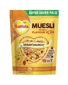 Muesli Kesar Crunch with Flavour Pops, 700 gm / 15 in 1 Fruit and Nuts, Seeds, Millet & more / Cereals for breakfast rich in wholegrain, protein, fibre