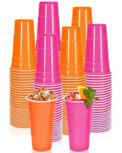 FYSUIMU 120Pcs Colored Plastic Cups Orange Hot Pink Plastic Cup 16oz Disposable Cup for Tequila Sunrise Bachelorette Party Supplies