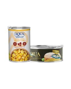 Aqua Premium Solid Gold Yellowfin Tuna Premium White Meat 185g + Whole Kernel Sweet Corn 400g Combo Pack
