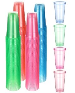 LIQWEI 200 Pack Plastic Neon Cups 12 Oz, Disposable Glowing Party Cup Clear Neon Colors Blacklight Parties Light Up Cup Colorful Plastic Cups for Parties Carnivals Birthday Rave Party