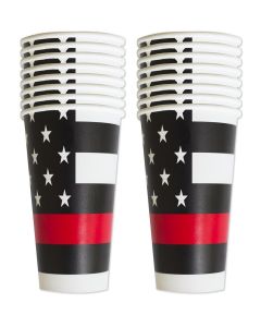 Havercamp Firefighter Party Cups - Set of 16 – 12 oz. paper cups - Thin Red Line with Flag Pattern - Fire Department Party, Firefighter Retirement, Fireman or EMT Themed Party