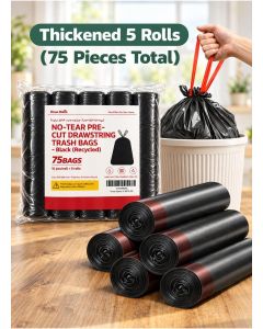 5Roll*15PCS / Drawstring Trash Bags Thickened ,Leak-Proof ,Heavy Duty ,5 Rolls Black Garbage Bags for Kitchen and Home