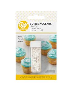 Wilton Hearts Edible Glitter Shimmering Edible Accents for Cakes Cupcakes Cookies Drinks 004 oz Silver