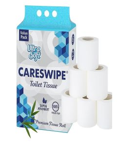 Careswipe Toilet Tissue Paper Rolls / 1080 Sheets / Pack of 6 / Super Soft & Absorbent / Flushable & Easy to Tear / 2-Ply Bathroom Tissue for Home, Office & Travel