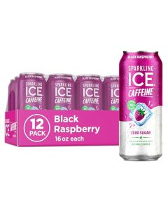 Sparkling Ice Caffeine Black Raspberry Sparkling Water with Caffeine Zero Sugar with Antioxidants and Vitamins16 fl oz Cans Pack Of 12