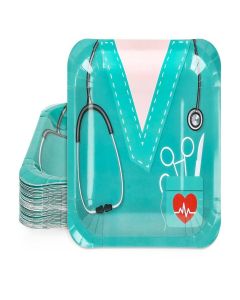 Whaline 40Pcs Nurse Graduation Paper Square Plates Green Doctor Uniform Stethoscope Pattern Disposable Plates Decorative Tableware for Doctors Day Medical School Grad Party Supplies, 9 Inch