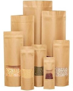 TRAGO Kitchen Paper Food Storage Bags - Kraft Pouch Stand-Up Bags With Self-Sealing Zipper Technology - Matt Brown Eco Friendly (Size 9x14cm (Capacity 50gm (Pack of 25pcs