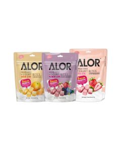 ALOR Freeze-Dried Yogurt Bites Variety Pack 3 x 15g / Strawberry, Orange & Mixed Berries / 3 Billion Probiotic Cultures / No Preservatives / No Artificial Additives / Kids & Adults 2+